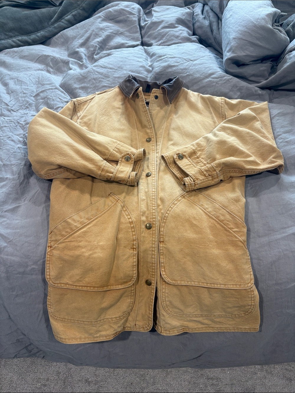 1980s Vintage Woolrich Tan Canvas Jacket with Dark Brown leather Collar, size S